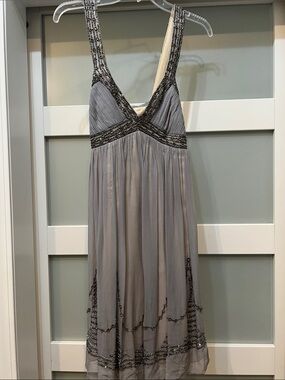 Adrianna Papell Gray Beaded Empire Waist Evening Dress
